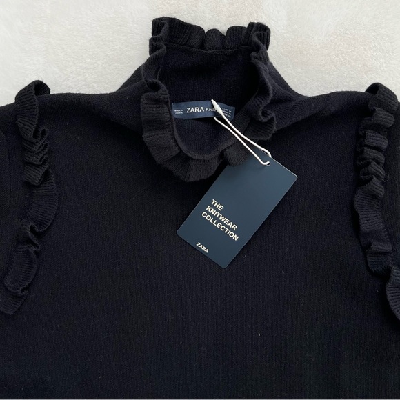 Zara Knit Black Sweater Dress Ruffle Turtleneck High Neck Cozy Medium - Picture 11 of 17